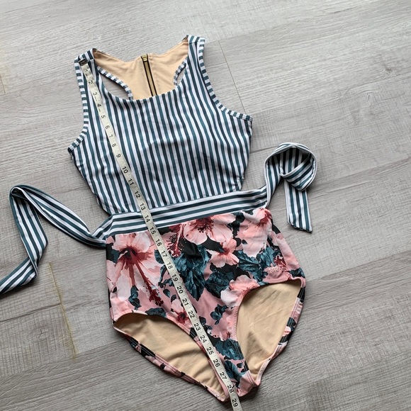 Albion Pink and Teal Floral and Striped Swim Suit, size M. - Picture 8 of 10
